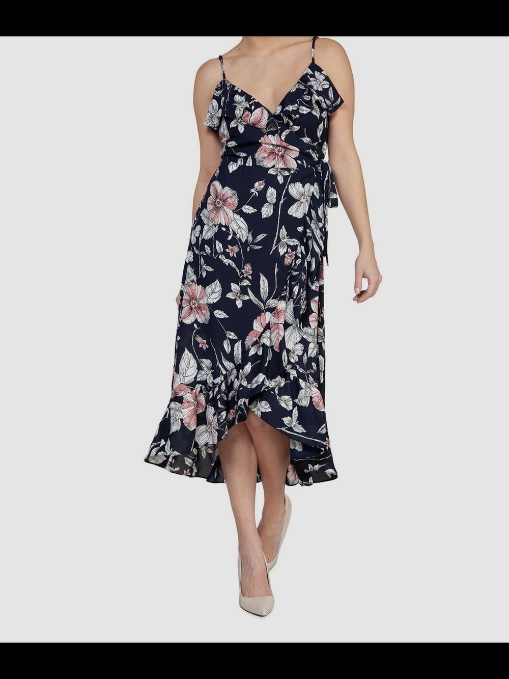 Dex Navy Floral High-Low Wrap Dress with Blush Accents